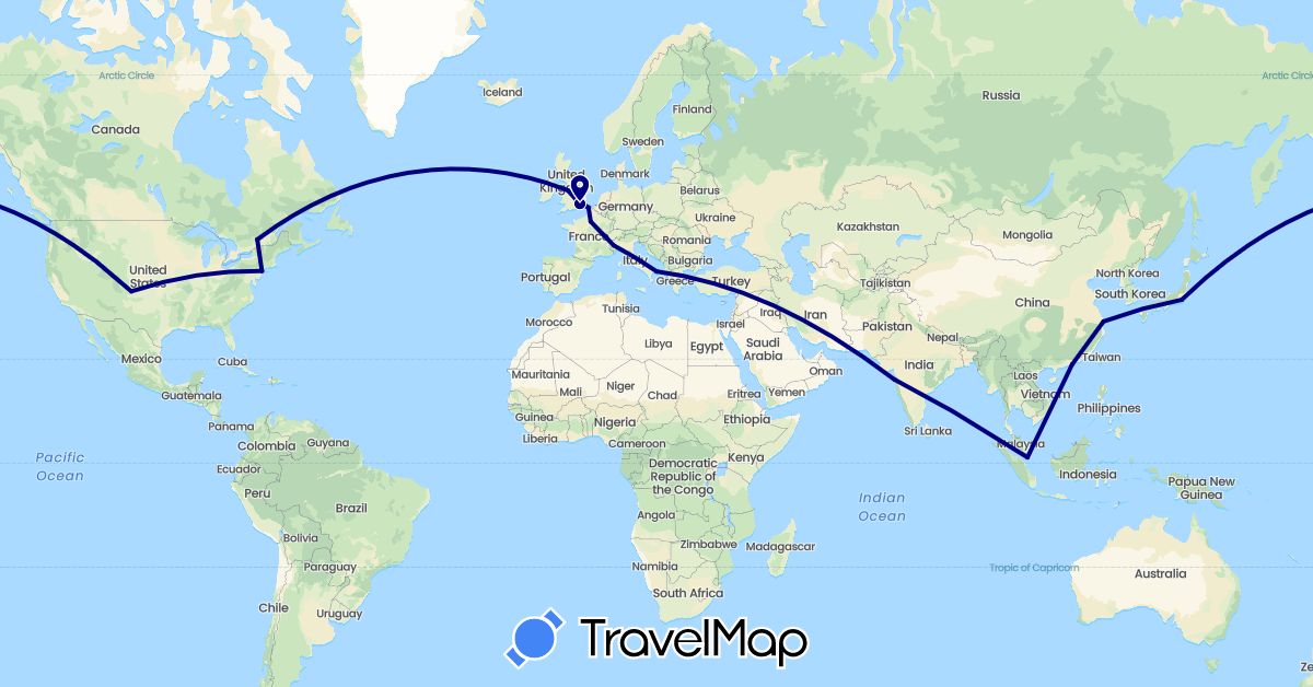 TravelMap itinerary: driving in Canada, China, France, United Kingdom, India, Italy, Japan, Singapore, United States (Asia, Europe, North America)